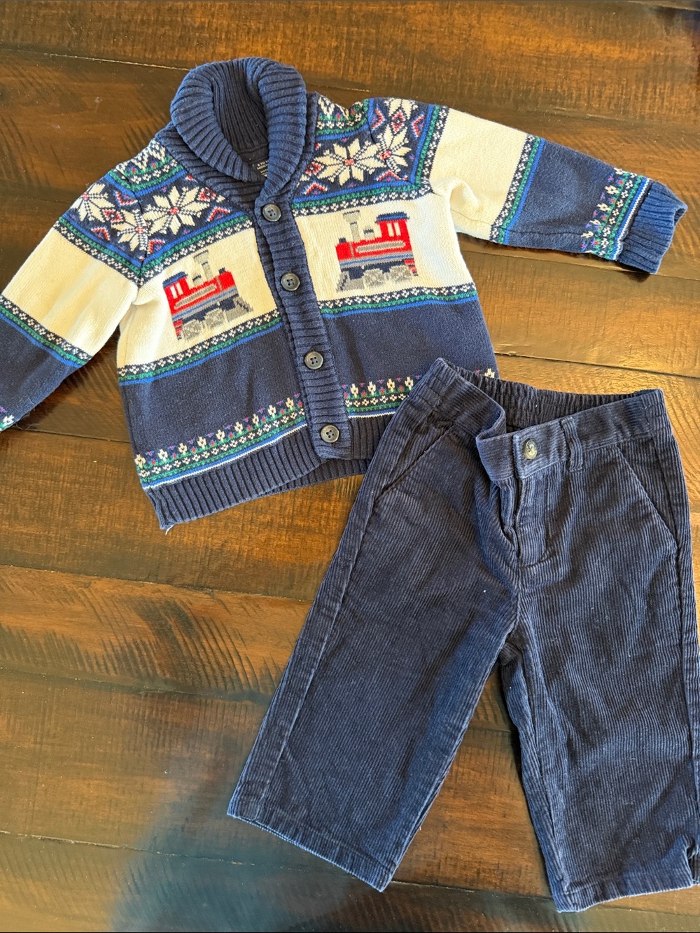 Boys’ Navy and Cream Train Fair Isle Cardigan Sweater Along with Corduroy Pants